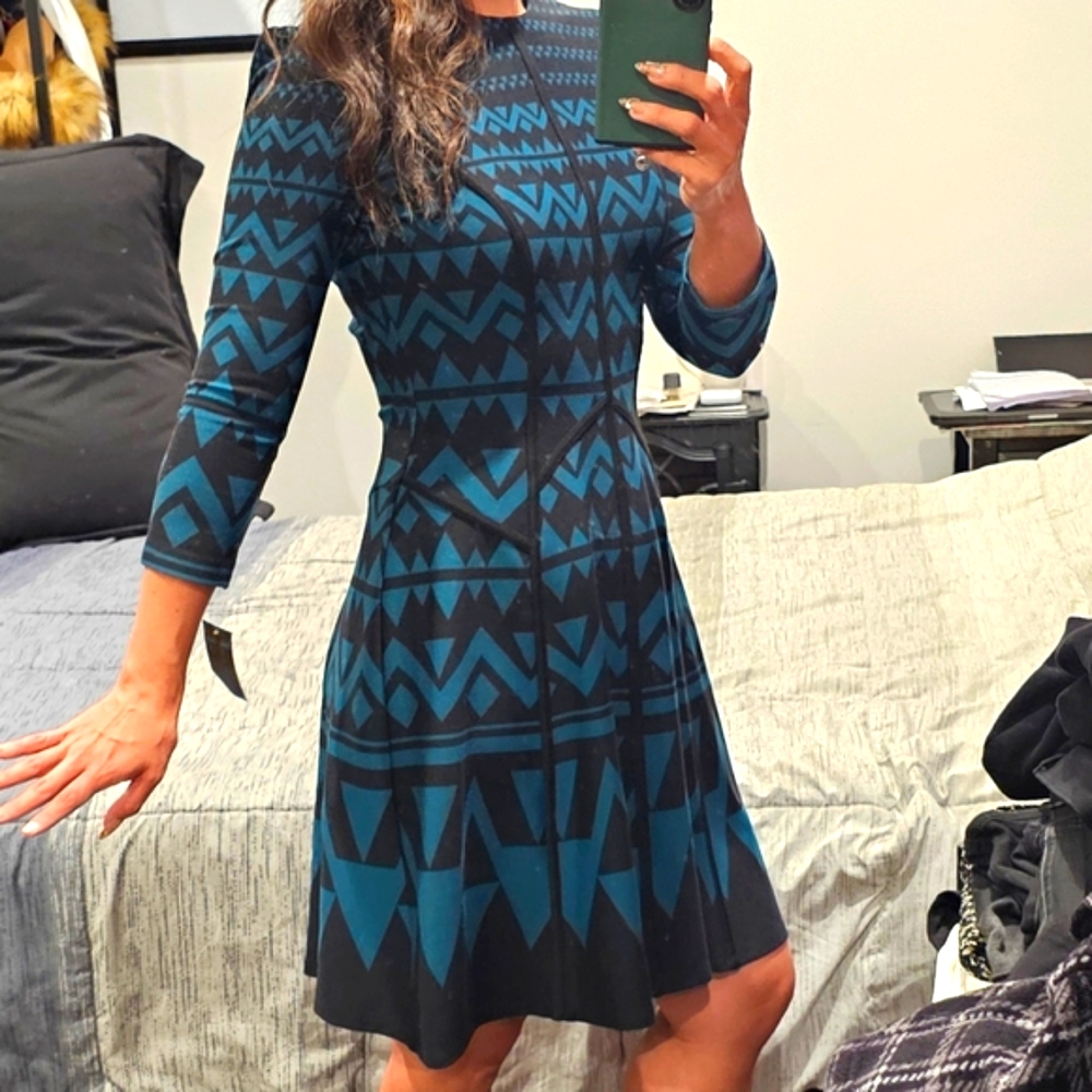 Geometric Print Teal & Black A-Line Long Sleeve Dress